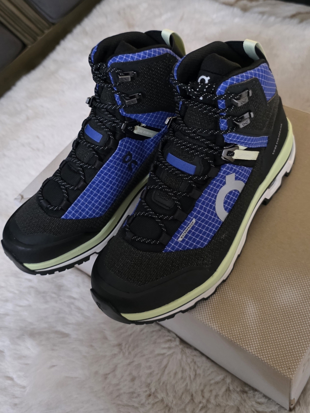 On Running Women’s Black & Blue Hiking Boots with Lime Accents